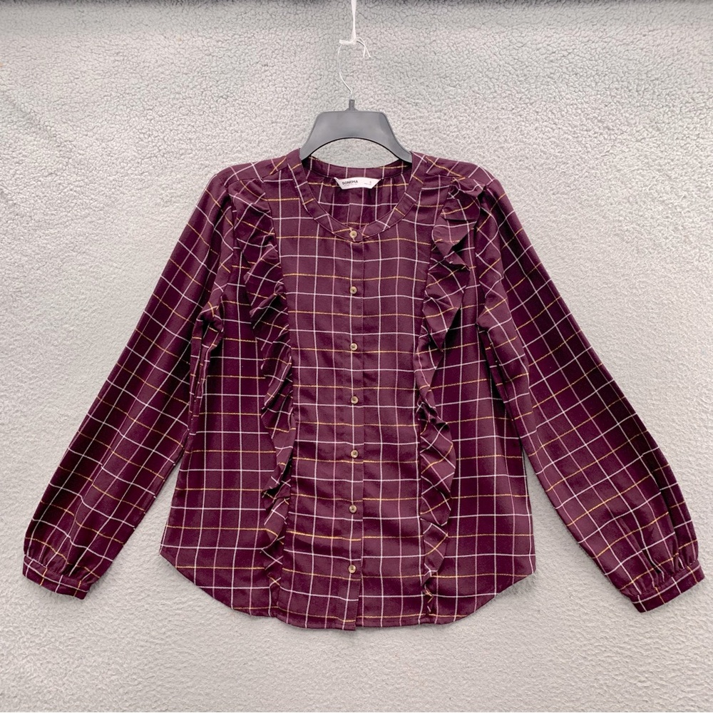 Sonoma Top Purple Metallic Plaid Ruffle Long Sleeve Peasant Button Up Shirt S
